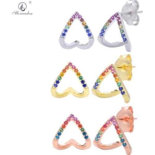 Slovecabin 100% 925 Sterling Silver Heart Stud Earring Rainbow Women Crystal CZ Zircon Luxury Rock Punk 2020 Fashion Jewelry