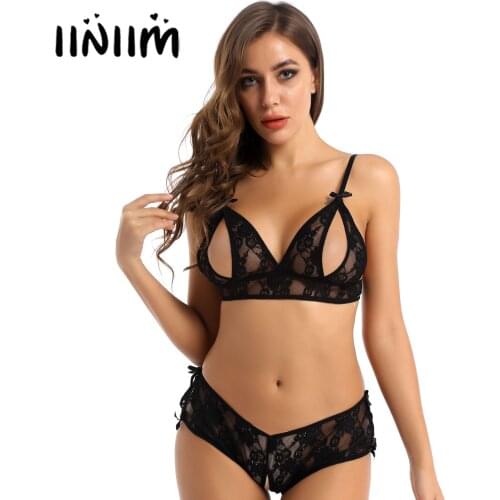 Womens Ladies Sexy Lingerie Padded Embroidered Lace Exotic Sets Open Nipples Bra Unlined Side Split Crotchless Sissy Underwear