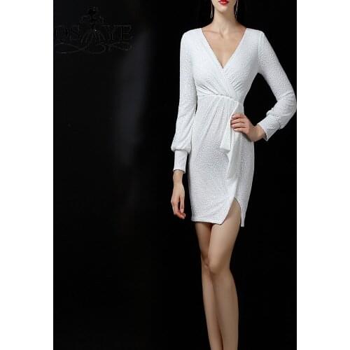 White Short Prom Dresses Sequin Evening Gown Sexy V Neck Girl Dress Long Sleeves Party Gown Ruffles Pleat Formal Dress Vestido