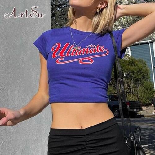 ArtSu Letter Printing Casual Tops Summer Slim Short Sleeve T-shirts Woman Streetwear Y2K Fashion Basic Cotton Tee Shirt TS52948