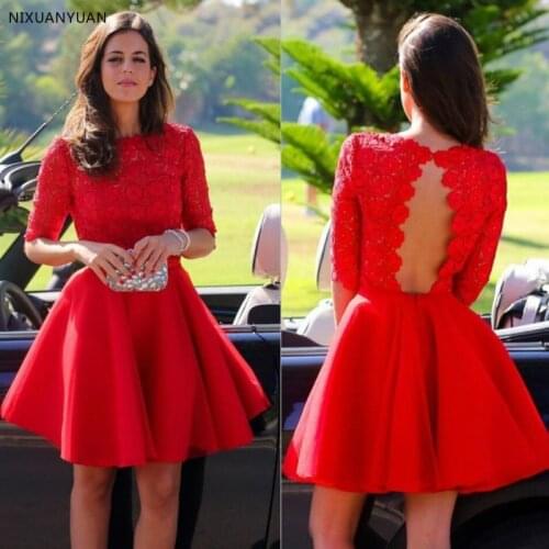 Cheap Short Red Homecoming Dresses With Half Sleeves Vintage Lace Bodice Cut Out Open Back Graduation Dress Cocktail Dresses
