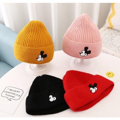 Disney 2021 Mickey Hat Knitted Anime Cartoon Baby Winter Hat Childrens Hooded Super Cute Korean Boy and Girl Knitted Hat