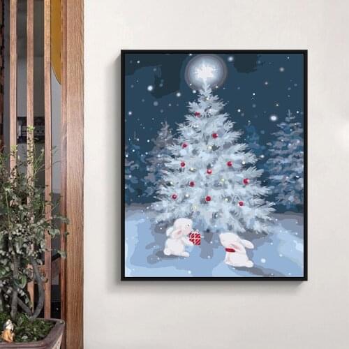 Diy hand-painted digital oil painting gift Christmas tree old man milu deer living room porch decoration hanging painting