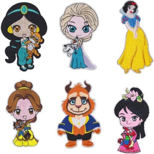 Disney Frozen Elsa Action Figure Cute Mulan Belle Princess Iron On Patch Embroidered Patches For Clothing Kids Christmas Gif