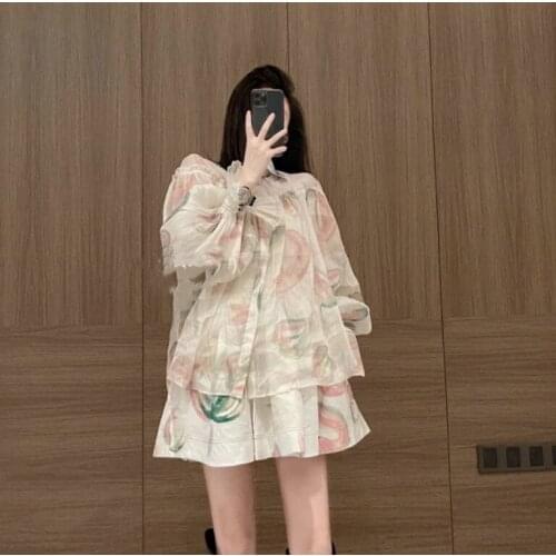 French holiday Lantern Sleeve off shoulder printed Rayon & amp; hemp shirt + half skirts 0421