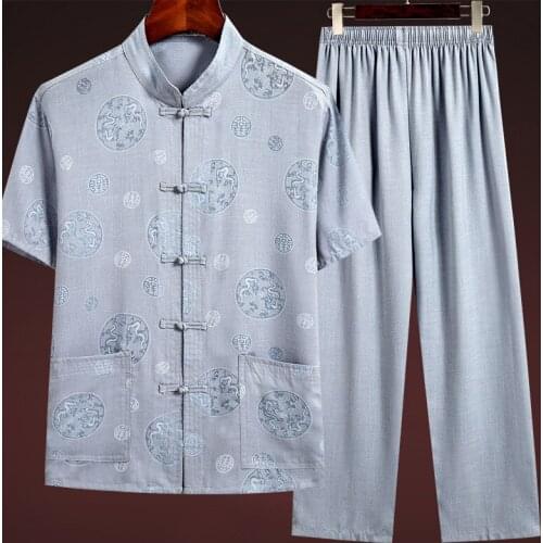Tang Suit Mens Daddy Short Sleeve Shirt Long Trousers 2pcs Set Chinese Style Cotton Linen Summer