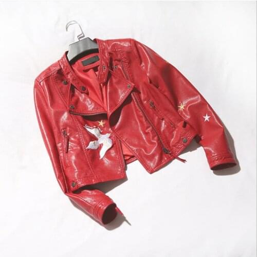 Zipper stitching birds pattern embroidery PU jacket new female motorcycle PU leather jacket short Slim pu jacket wq1165 dropship