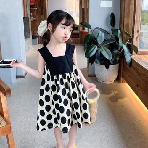 2021 Summer Sleeveless Dresses For Little Girls Kids New Cute Lovely Skirts Clothes Costume Children Black Dots Wedding Dress