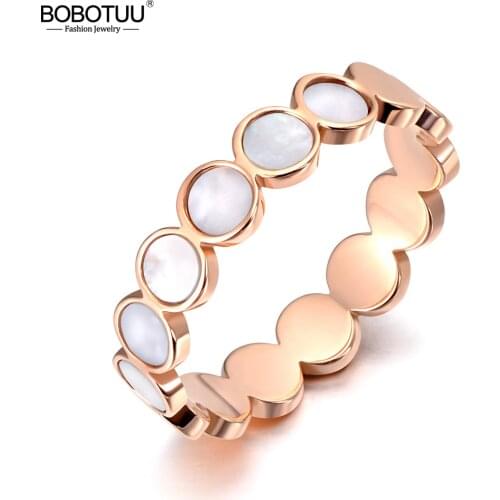 BOBOTUU New Titanium Stainless Steel Fine Brand White Shell Rings Bridal Wedding Geometric Ring Jewelry For Women Girls BR19113