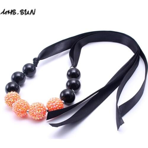 MHS.SUN Halloween Jewelry Orange/Black Beads Necklace Fashion Ribbon Festival Jewelry Child Girls Chunky Necklace For Gifts