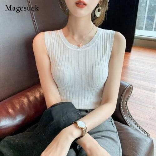 Sweet 2021 Solid Knitted Sleeveless T-shirt Vest Summer Women Fashion Blouse Simple Casual O-neck Office Lady Orange Blusa 15639