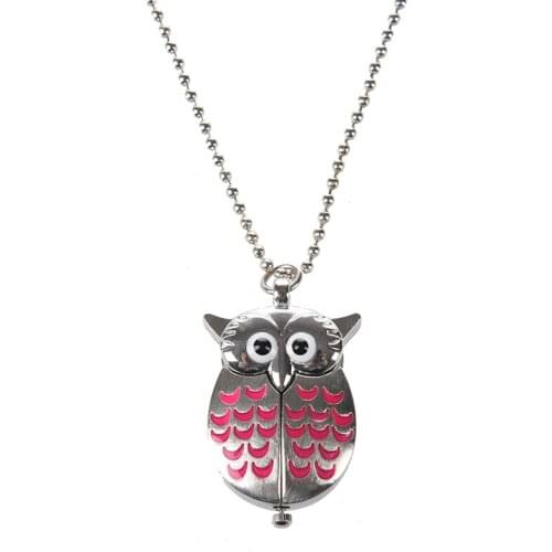 Cute Mini Owl Pocket Watch Necklace--Silvercolor and Pink