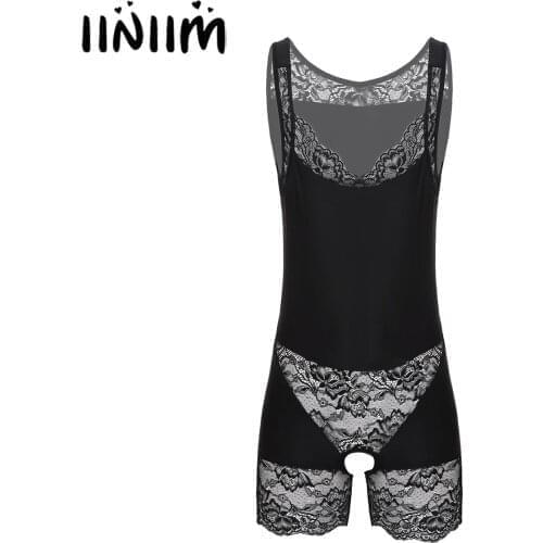 Mens Gay Lace Apparel Lingerie Teddies Bodycon Patchwork Crotchless Open Butt Bodysuit Sleeveless Sissy Costumes Underwear