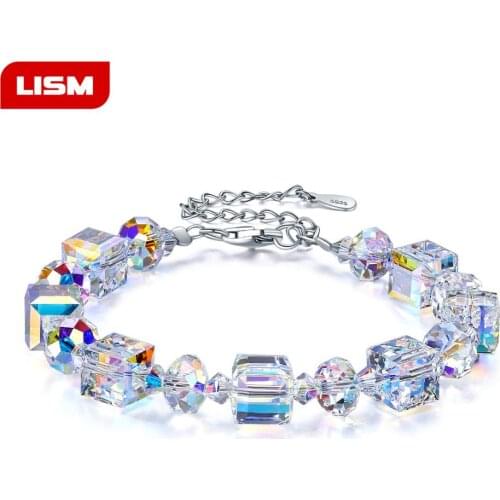 Genuine 925 Sterling Silver Austrian crystal sugar cube bracelet shine AB color exquisite luxury fashion bracelet jewelry