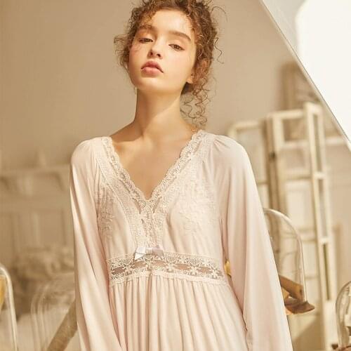 Nightgown Women Lace Long sleeve Nightgown Elegant Sleepwear Dress For Women Nightdress Red Pink White