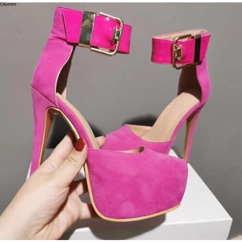 Olomm Handmade Women Platform Pumps Sexy Stiletto High Heel Pumps Round Toe Gorgeous Fuchsia Party Shoes Women Plus US Size 5-15