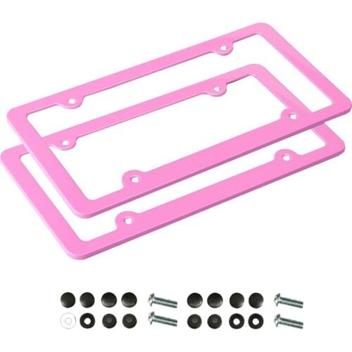 2x Standard License Plate Frames Aluminum Alloy 4-Hole Fine Slim Edge & Screw Kits Pink/Black Tag Cover Holder for American Cars