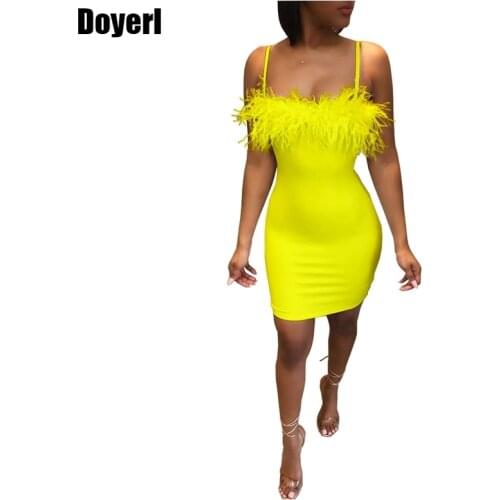 Sexy Women Summer Party Dress Elegant Strap Feather Bodycon Club Dress Sleeveless Spaghetti Strap Bandage Mini Dress Vestidos
