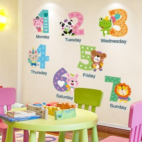 [shijuekongjian] Week Numbers Wall Sticker DIY Cartoon Animal Mural Decals for Kids Room Baby Bedroom Nursery Home Decoration