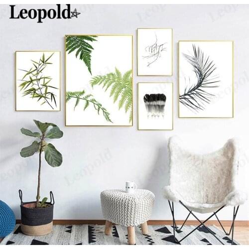 Modern Minimalist Green Plant Canvas Painting Bamboo Leaf Black Feather Poster Nordic Home Wall Art Living Room Decoration