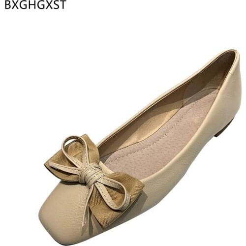 Slip on Leather Shoes Women Butterfly-knot Square Toe Flats Korean Shoes for Women 2021 Loafers Boat Shoes Women Zapatos Mujer