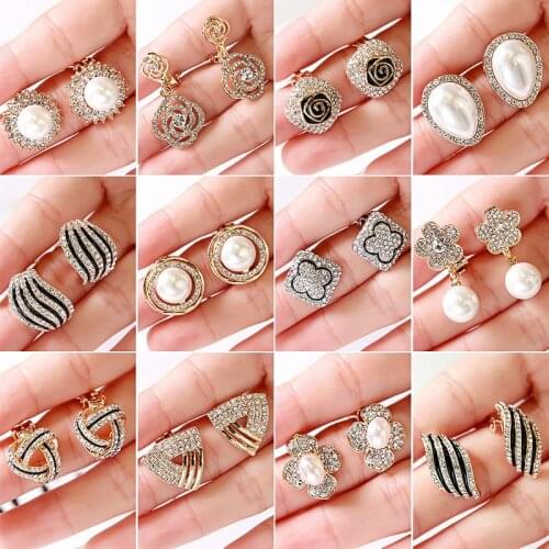 High-grade Rhinestone pearl Crystal geometric Shape Clip on Earrings Non Piercing for Women Wedding Luxury No Hole Earrings New