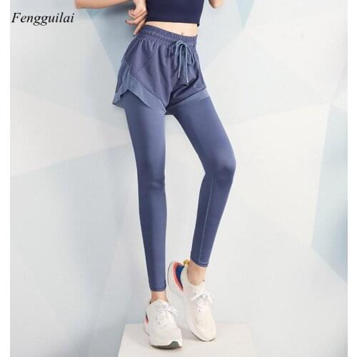 Fitness Womens High Waist Elastic Tight Running Wear Fake Two-Piece Sports Autumn Gym Pants
