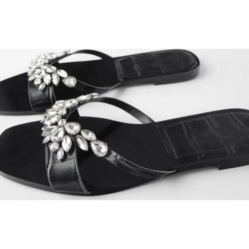 ZAR Woman 2021 Flat Shoes Spring Summer Round Toe Sexy Acrylic Rhinestones Outer Wear Plus Size 40 Sandals And Slippers Women