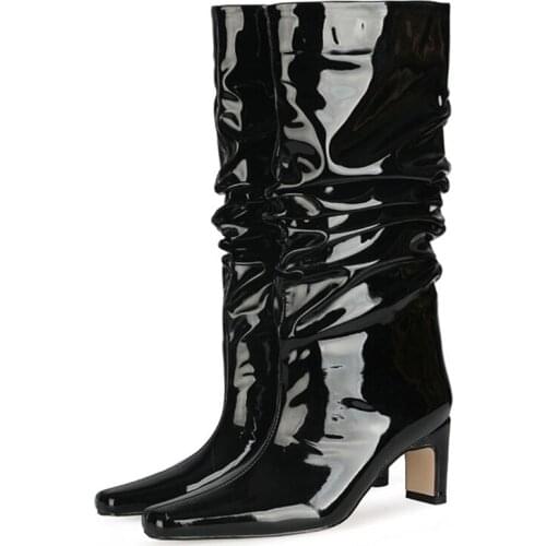 Big Size 47 Autumn Winter Daily Shoes Black Boots Pleated Patent Leather Upper Slip on Ladys Knee High Boots High Heel