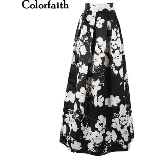 Women 100cm High Waist Maxi Skirts Vintage Black White Floral Print Pleated Floor-Length Flare Long Skirts Saias SP002