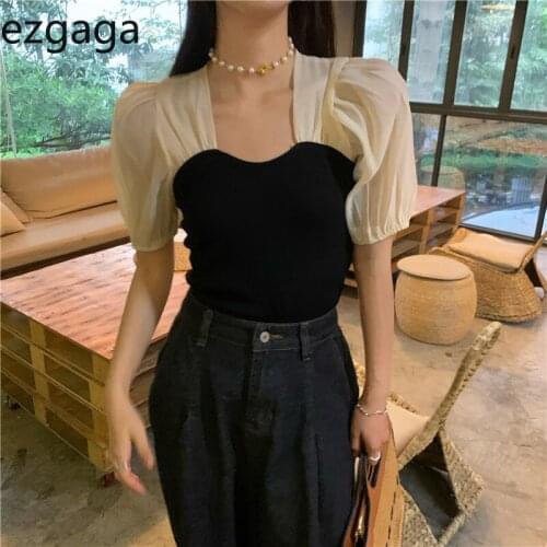 Ezgaga Patchwork Elegant Tops Women Square Collar Knitwear Puff Short Sleeve Slim Office Lady Pullover Summer Thin Sweater Korea