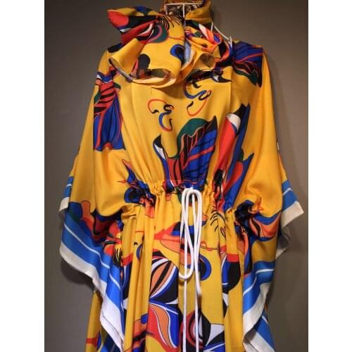 Loose Autumn Fashion Designer Maxi Womens Batwing Sleeve Contrast Color Print Holiday Party Vintage Long Dress