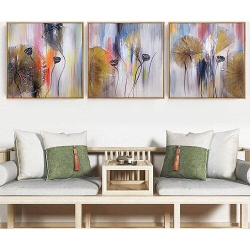 Chinese Style Abstraction Graffiti Colorful Plant Flower Lotus Canvas Painting Wall Square Picture Poster Living Room Decoration