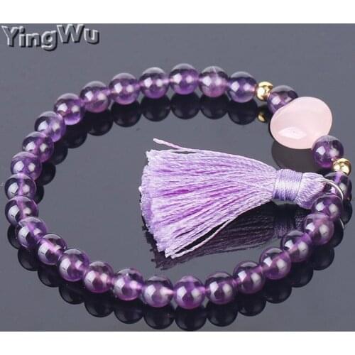 Yingwu Chakra Bracelet 6mm Natural Stone Beads Tassel Charm Bangle Heart Bohemian Handmade Jewelry for Women Lover Gift