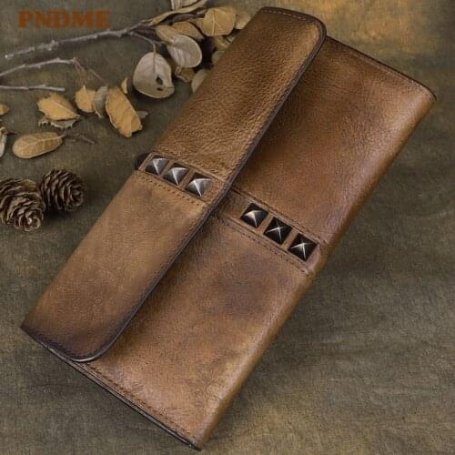 Vintage genuine leather long rivet wallet fashion designer luxury natural cowhide men women credit card holders clutches purse