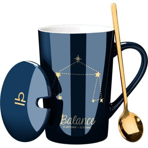 Nordic Creative Ceramic Cup Personality Student Coffee Cup with Cover Spoon Mug Coffee Milk Cup Gift Costellation Letter Mug Cup