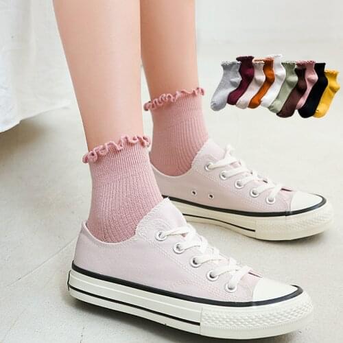 Frilly Edge Retro Solid Color Ankle Socks Women Sweet Cute Japanese Girls Socks Korean Candy Color Cotton Casual Student Socks