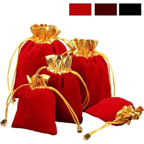 500pcs/lot Gift Bags Wine Red Black Jewelry Packing Inlaid Gold Velvet Beam Port Bags Drawstring Pouches Gift Bags