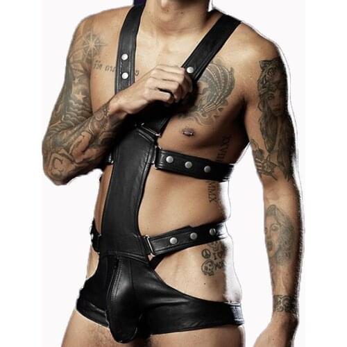 Sexy Men Faux Leather Bodysuit Exotic Fetish Bondage Restraint Lingerie Black Fantasy Gay Jumpsuit Teddy Vinyl Sex Underwear