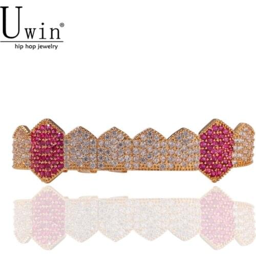 UWIN Vampire Teeth HipHop Grills Rose Red Iced Out AAA Zircon Micro Pave Mouth Grills Caps Bottom Men Women