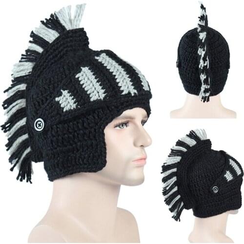 Men Women Funny Chunky Knitted Roman Knight Helmet Hat Contrast Color Tassel Barbarian Crochet Earflap Beanie Skull Cap with Fac