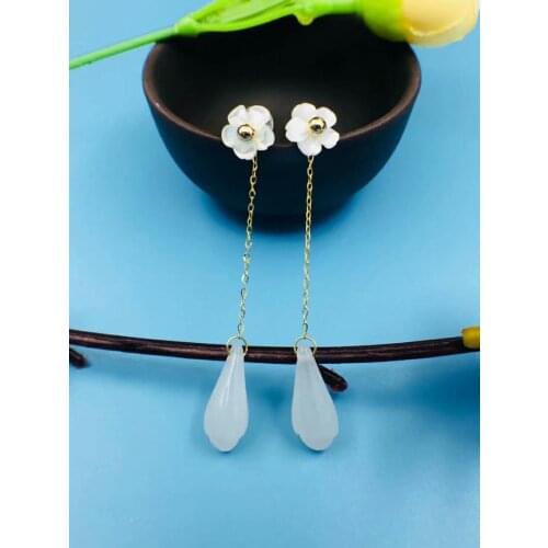 SHILOVEM 18k yellow gold real Natural white Jasper drop earring fine Jewelry women wedding Christmas gift new lpe023hy