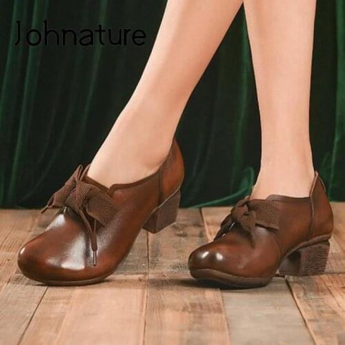 Johnature Platform Heels Pumps Women Shoes Retro Lace-up 2020 New Spring Genuine Leather Round Toe Casual Shallow Ladies Shoes
