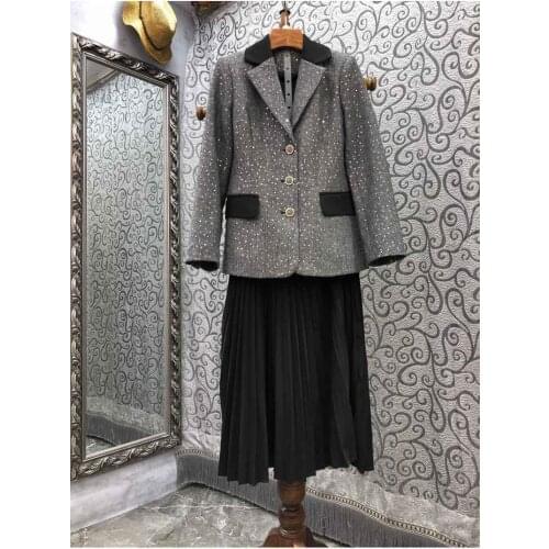 High Quality Wool Sets 2021 Autumn Winter Blazer Set Women Sequined Woolen Coat Blazer+Long Pleated Skirt Sets Clothing Female