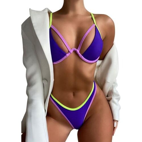 Ladies Summer Split Swimwear Sets Adults Women Simple Style Contrast Color Three Color Splicing Bikini Sexy Backless Swimsuit