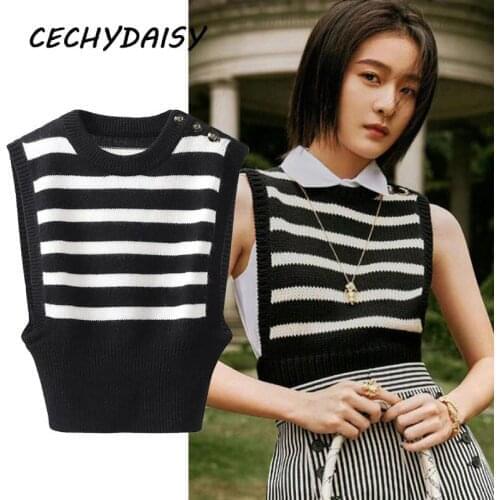 Knitted Sweaters Vest Women 2021 Spring Summer Casual Striped Korean Clothes O-Neck Sleeveless Y2k Tops E Girl Streetwear Jersey