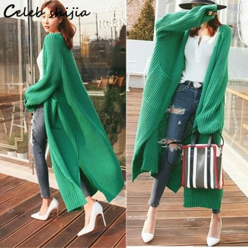 Green Cardigan Woman Autumn New Full-sleeve Knitted Cardigan Women Long Vintage Elegant Oversized Open Stitch Sweater Winter