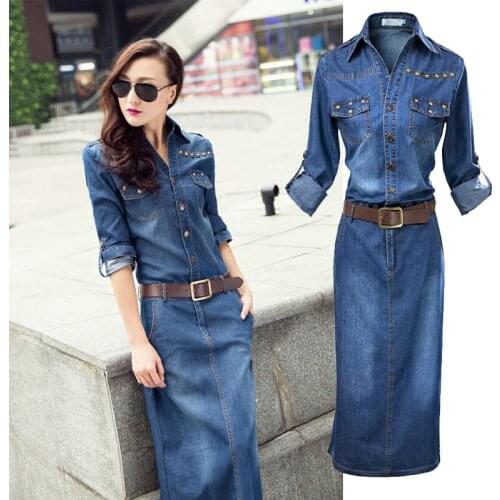 Spring Autumn Women Long Denim Dress Vintage Long Sleeve Office Ladies Bodycon Jeans Dress Womens Jeans Shirt Dresses Vestidos