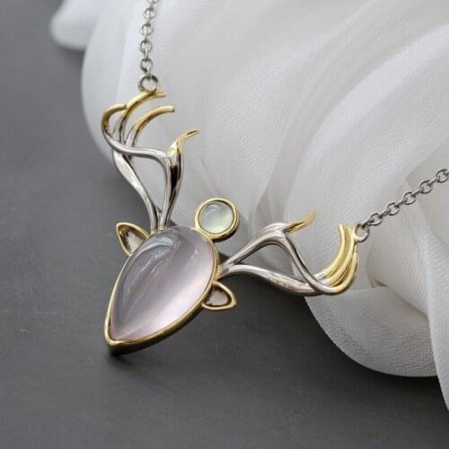 925 Sterling Silver Pendant Inlaid Natural Rose Quartz Prehnite Fashion Creative elk Silver Necklace Women Fine Jewelry Gift
