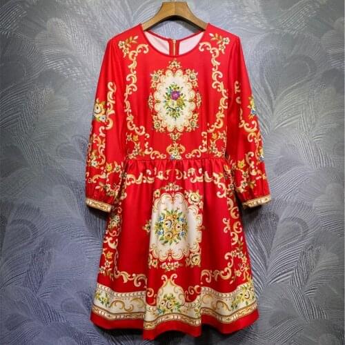 New Desginer womens vintage Red dress Fashion Spring 2021 Runways floral print long sleeves dress B858